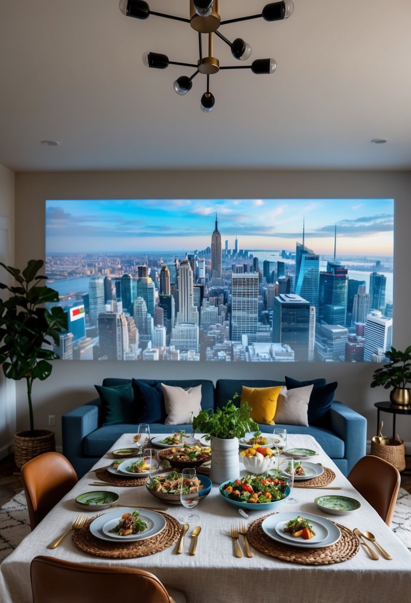 A cozy living room with a virtual tour of a foreign city projected on the wall. A table set with international cuisine and decorations from different cultures