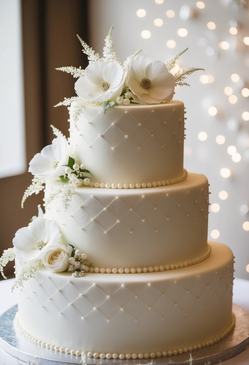 A three-tiered wedding cake adorned with white pearls and delicate floral decorations