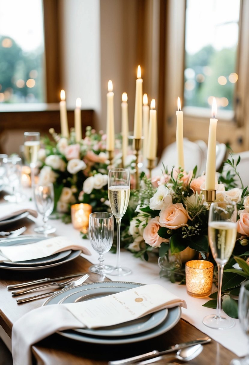 A beautifully set table with candles, flowers, and champagne