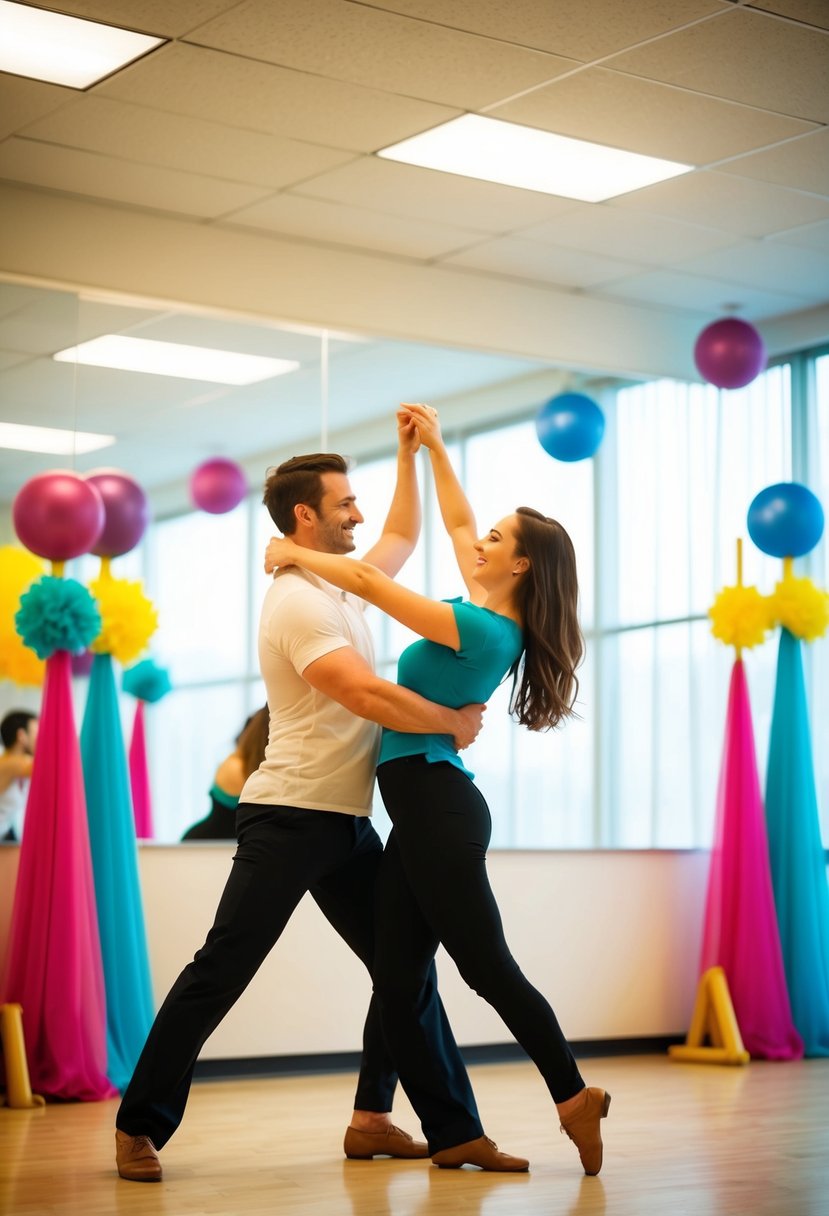 A couple dancing together in a brightly lit dance studio, surrounded by mirrors and colorful dance props