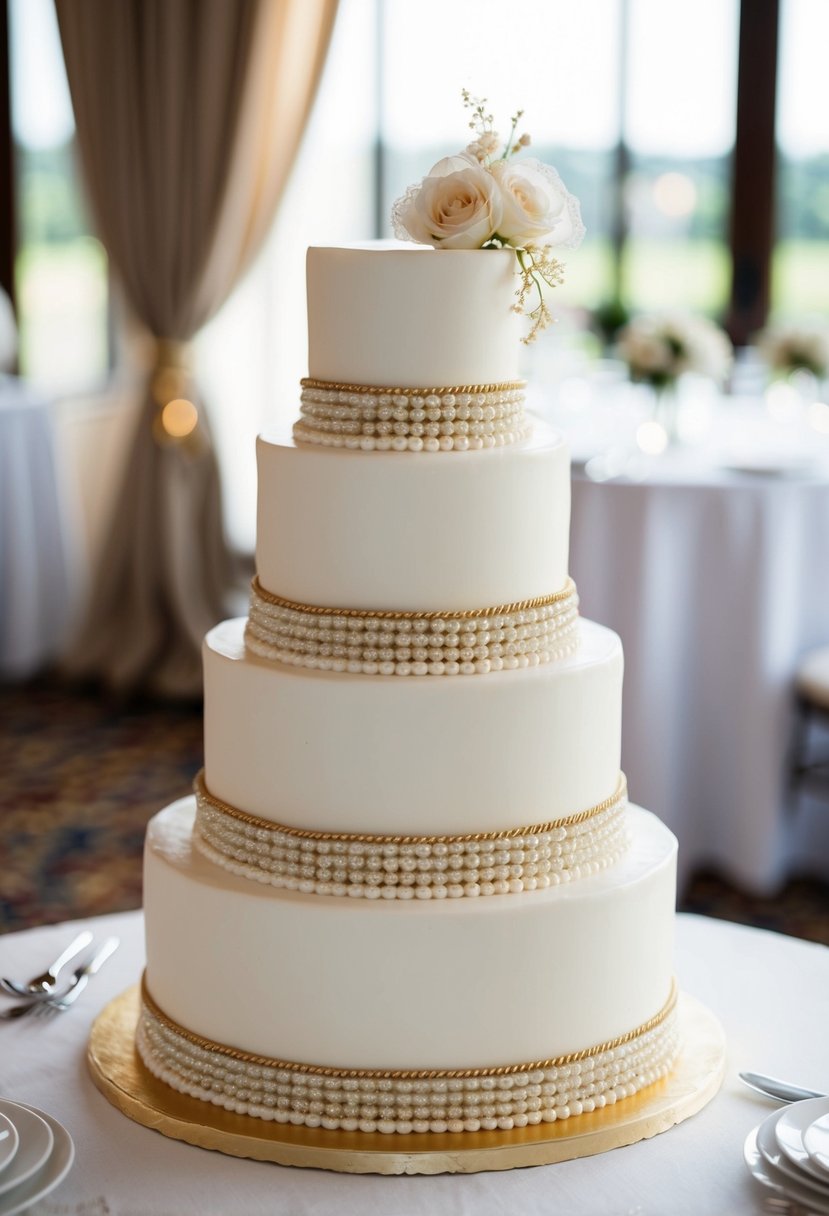 A three-tiered wedding cake adorned with gold trim and delicate pearls