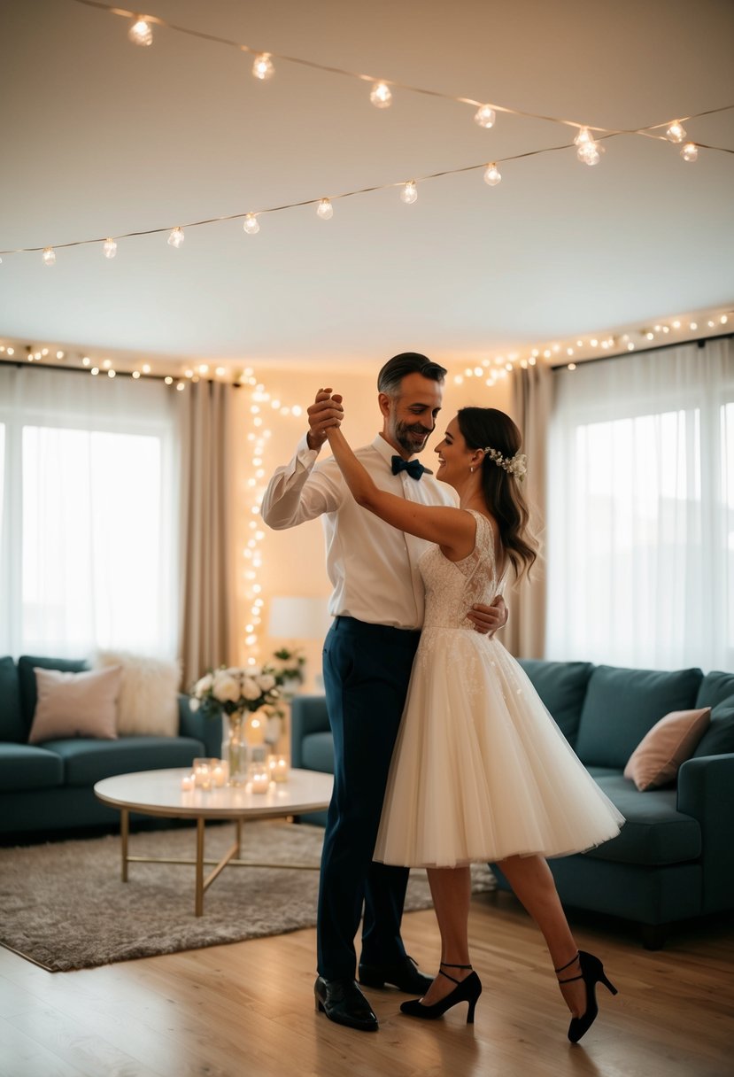 A couple dances in their living room, surrounded by romantic decorations and soft lighting, as they celebrate their wedding anniversary with a virtual dance class