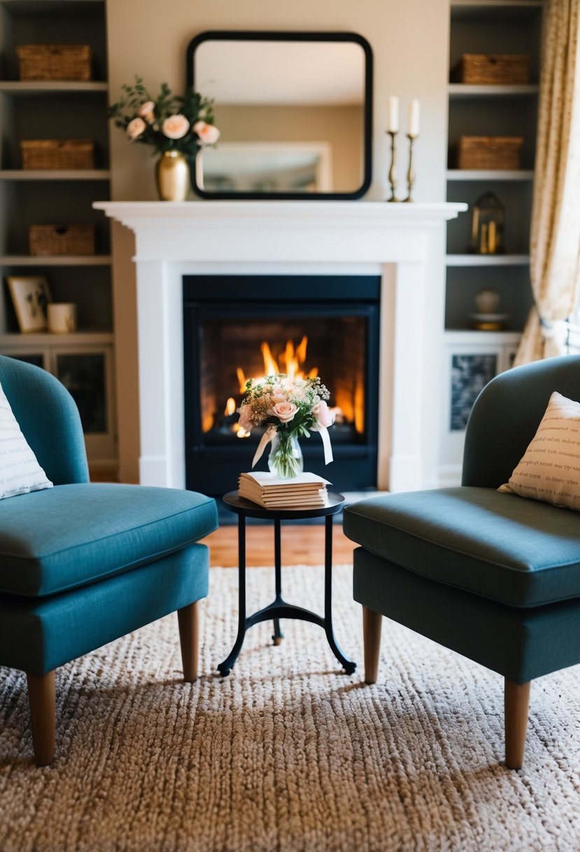 A cozy living room with a fireplace, two chairs facing each other, a small table with a vase of flowers, and a stack of love letters tied with a ribbon