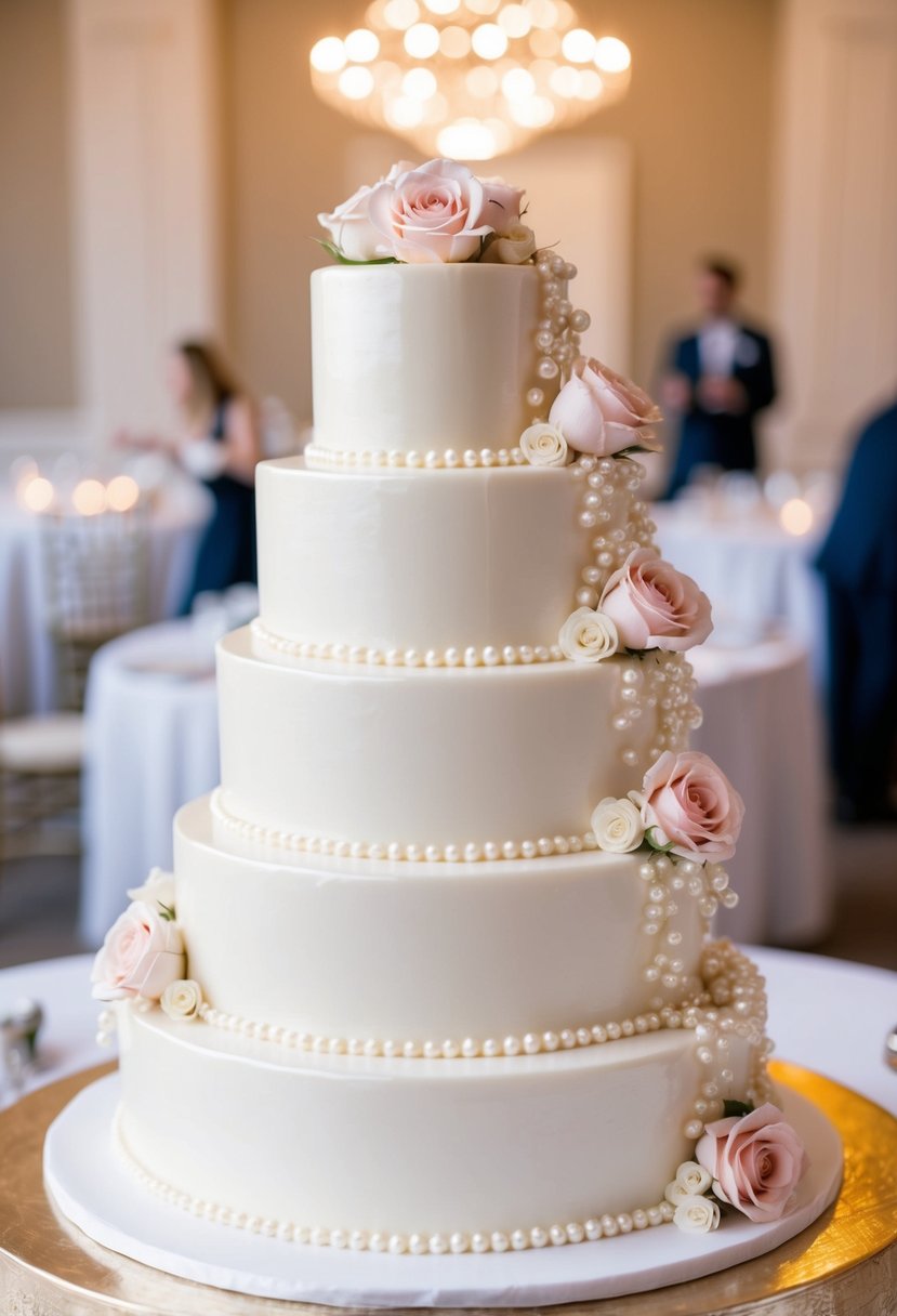 A three-tiered pearl cake adorned with delicate rose elements cascading down the sides