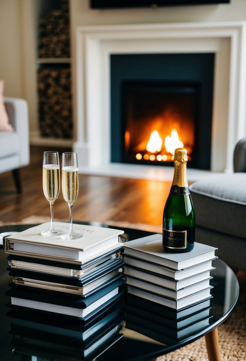 A cozy living room with a crackling fireplace, a stack of photo albums, and a bottle of champagne on a coffee table