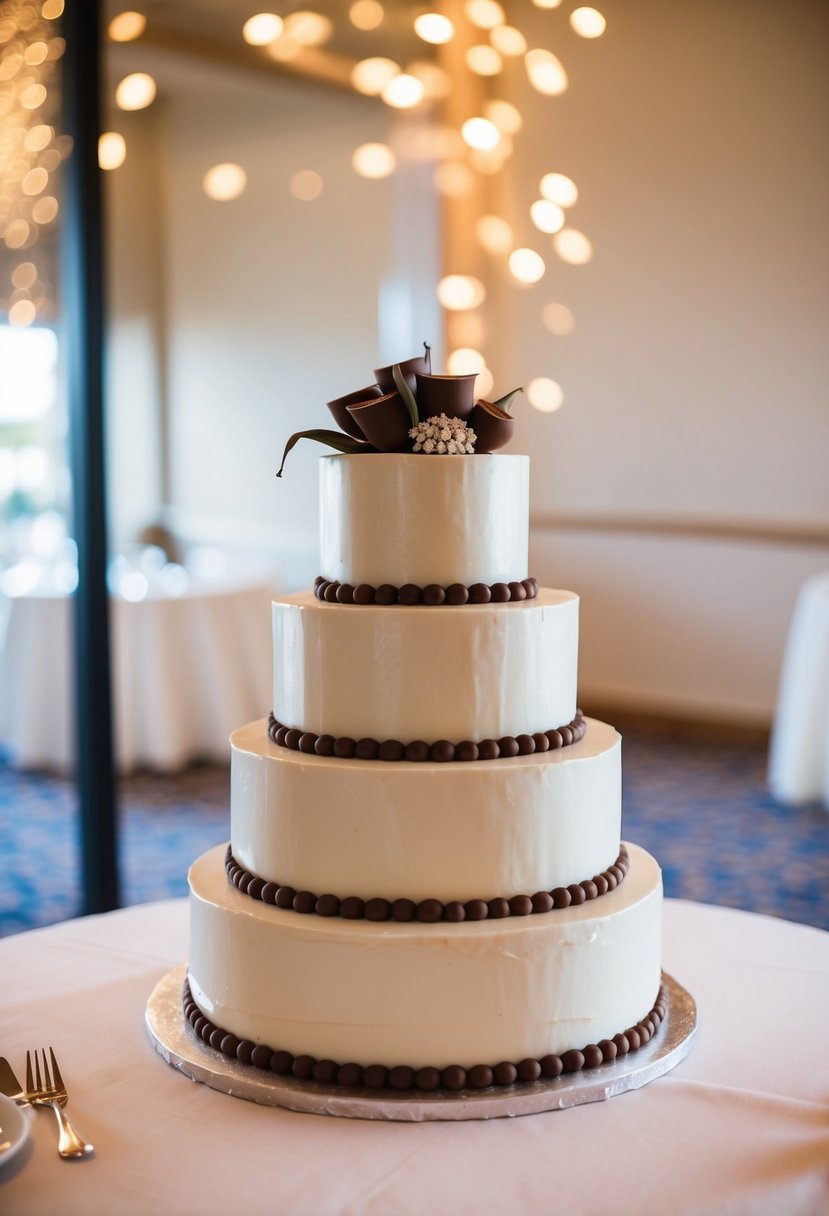 A three-tiered wedding cake adorned with chocolate pearls in a lustrous finish, reflecting light in an elegant display