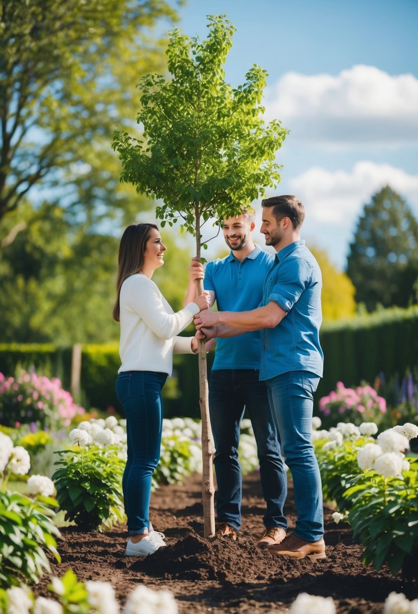 A couple planting a tree together in a garden, surrounded by blooming flowers and a sunny sky