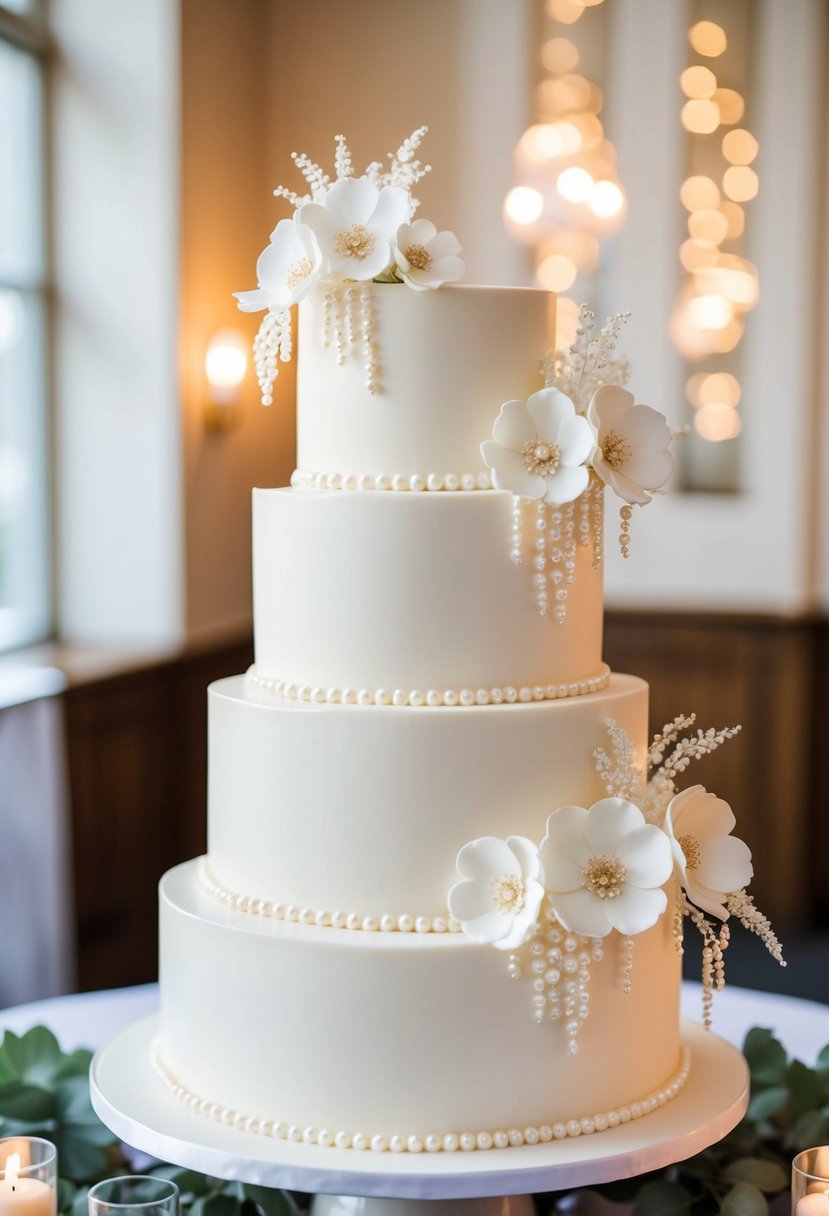 A three-tiered wedding cake adorned with cascading pearls and delicate sugar flowers