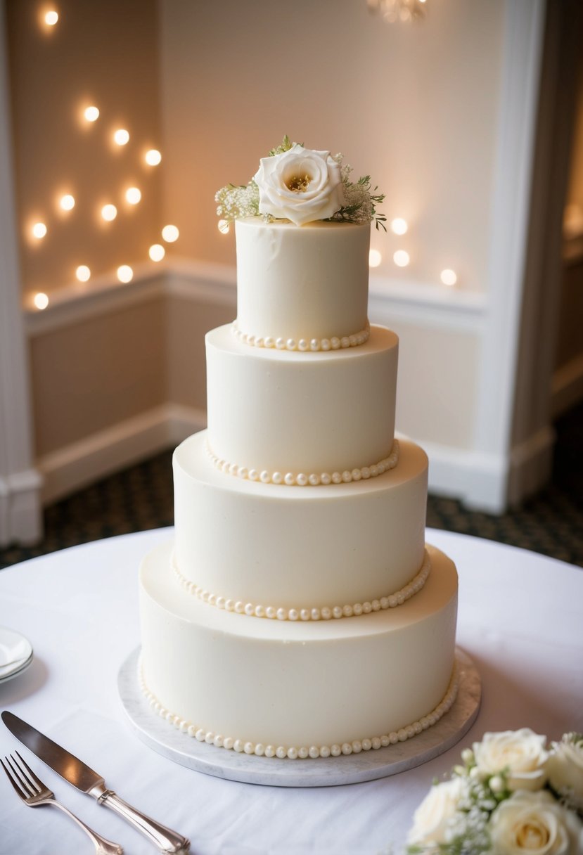 A three-tiered ivory wedding cake adorned with elegant pearl accents