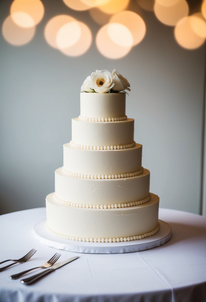 A three-tiered wedding cake with smooth buttercream frosting and simple pearl embellishments