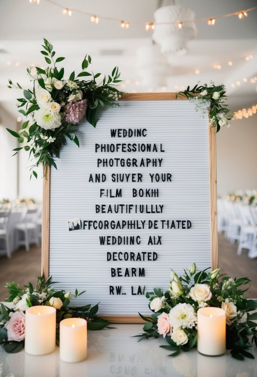 A beautifully decorated wedding letter board surrounded by flowers and candles