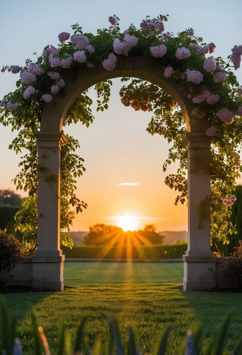 A serene garden with a blooming archway and a setting sun casting a warm glow over the landscape