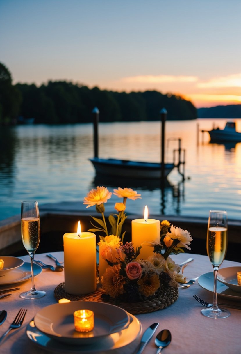 A cozy table set for two with candles, flowers, and champagne. A sunset view over a calm lake, with a small boat docked nearby