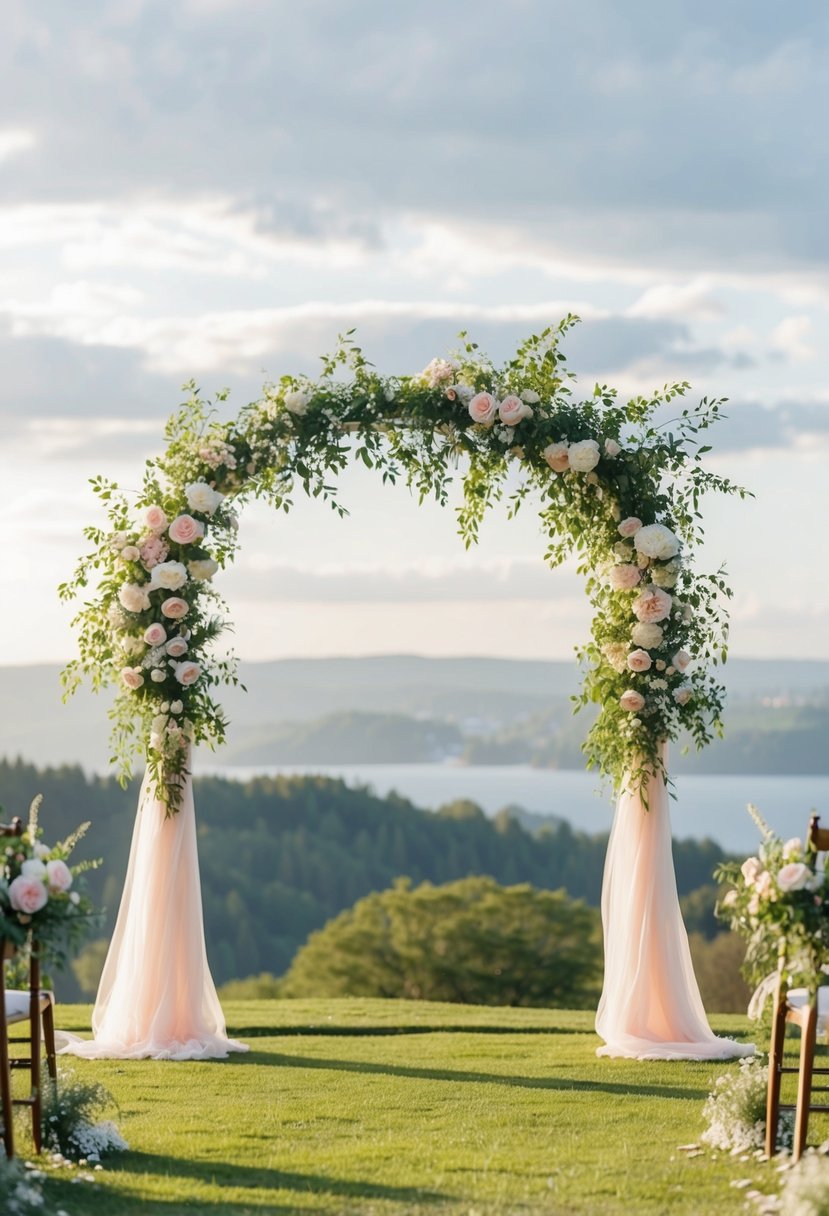 A serene outdoor setting with a scenic view, adorned with blooming flowers and a charming wedding arch