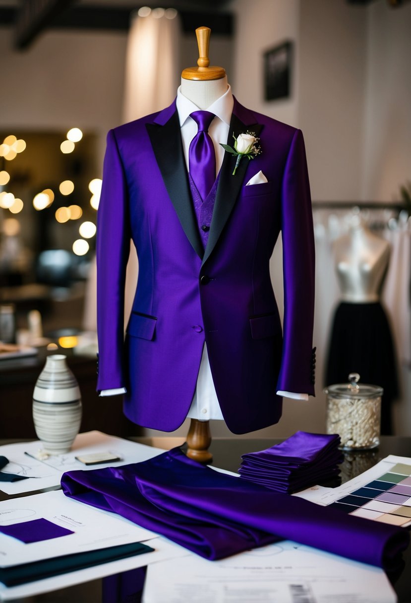 A regal purple wedding suit displayed on a mannequin, surrounded by fabric swatches and design sketches