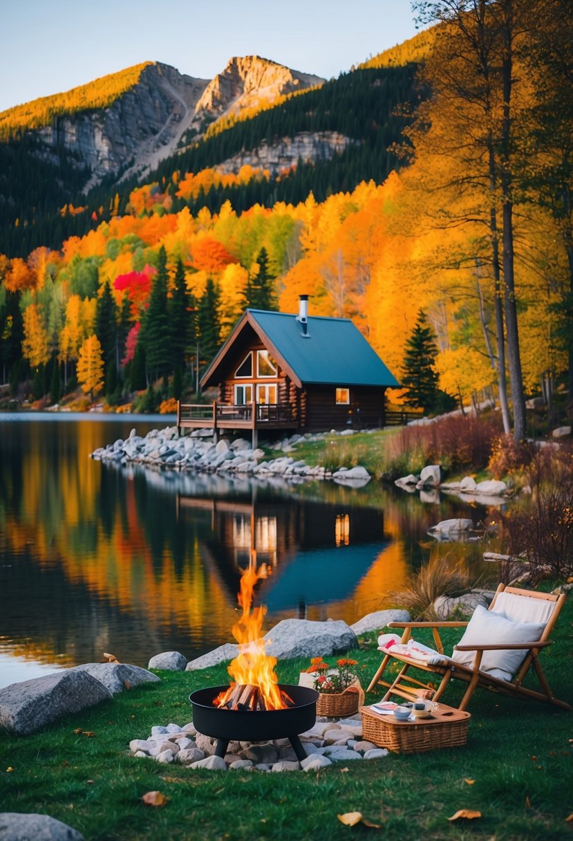 A cozy cabin nestled in the mountains, surrounded by colorful autumn foliage and a serene lake, with a crackling fire pit and a picnic set up for two