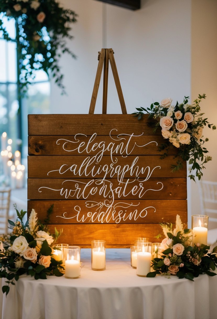 A rustic wooden sign with elegant calligraphy, surrounded by soft candlelight and delicate floral arrangements