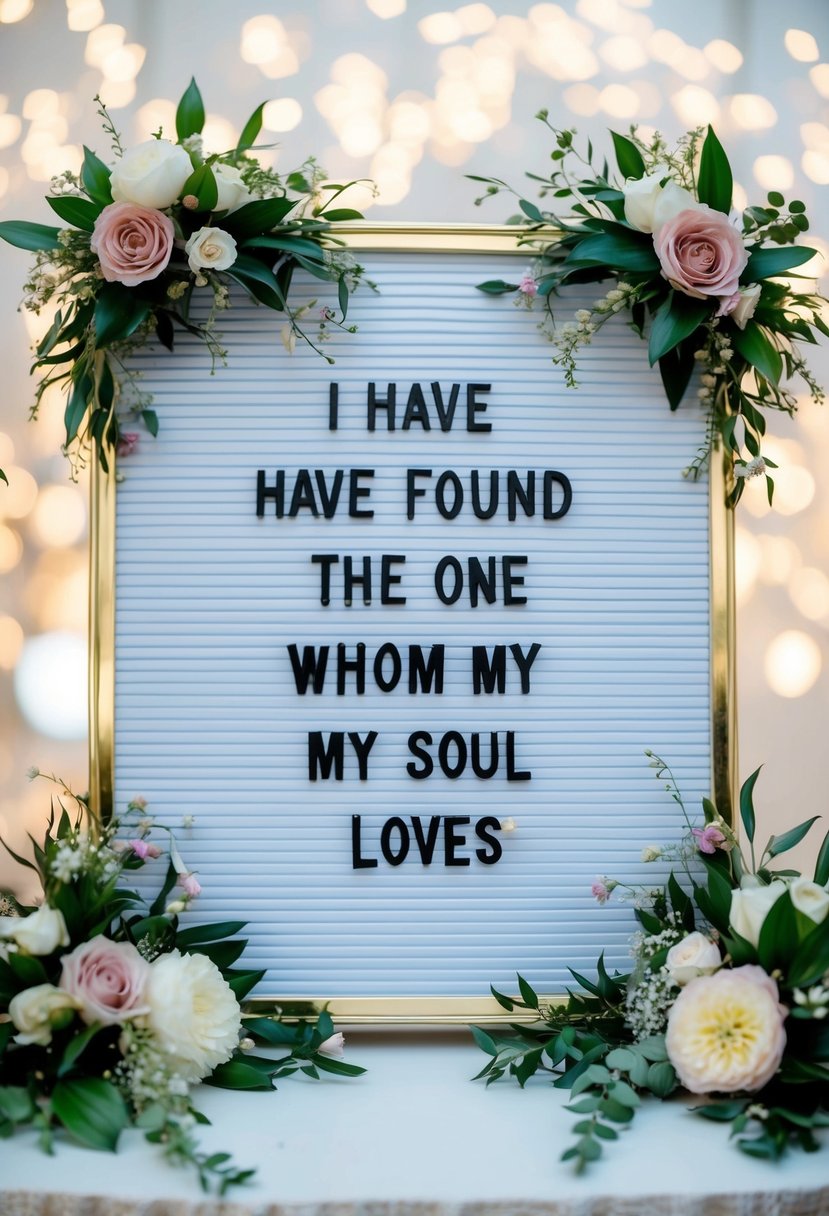 A wedding letter board with the quote "I have found the one whom my soul loves" surrounded by delicate floral decorations and romantic accents