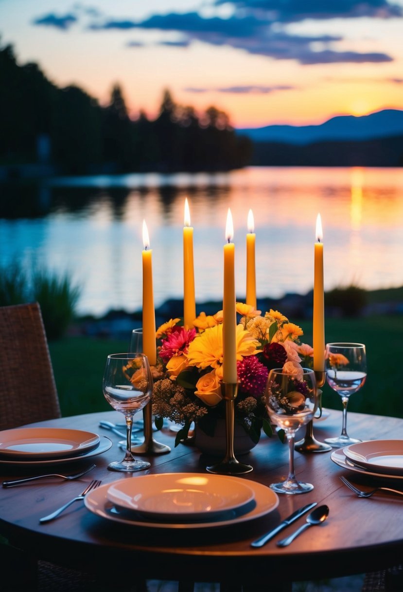 A candlelit dinner table set with flowers and wine, overlooking a serene lake at sunset