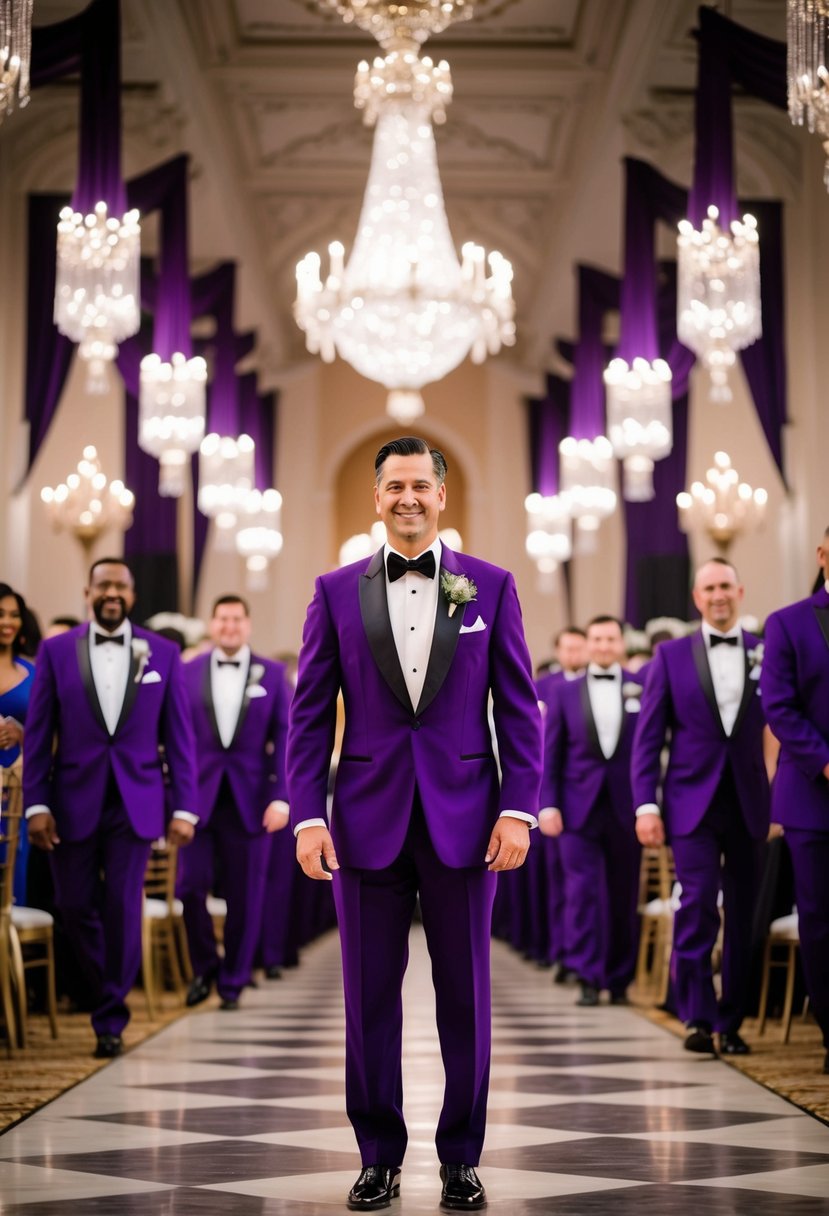 A grand ballroom filled with elegant royal purple tuxedos, adorned with intricate silver accents and luxurious fabrics, creating a regal and sophisticated atmosphere