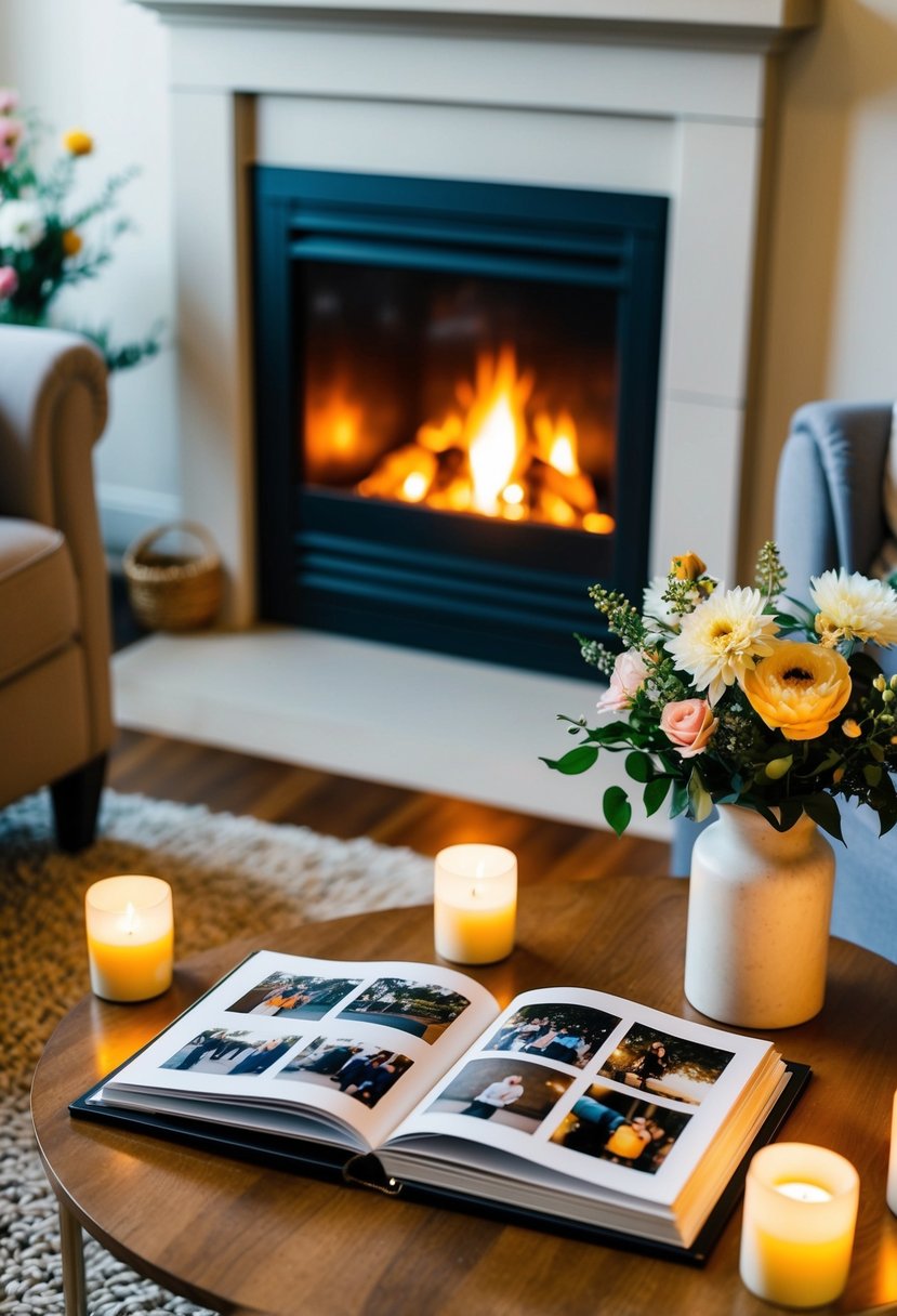 A cozy living room with a crackling fireplace, a photo album spread open on a coffee table, surrounded by candles and a vase of fresh flowers