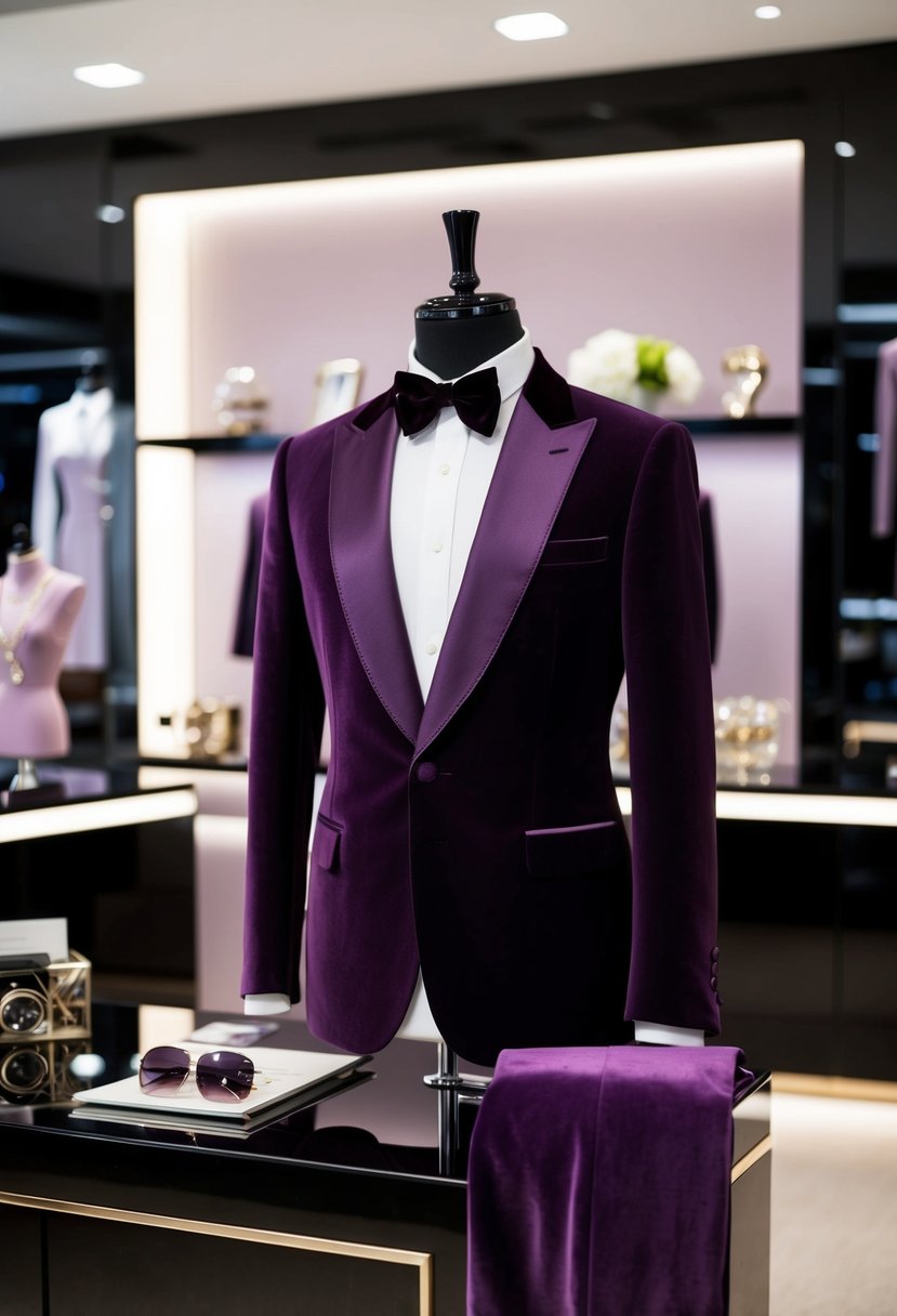 A luxurious velvet purple suit displayed on a mannequin in a sleek and modern boutique setting