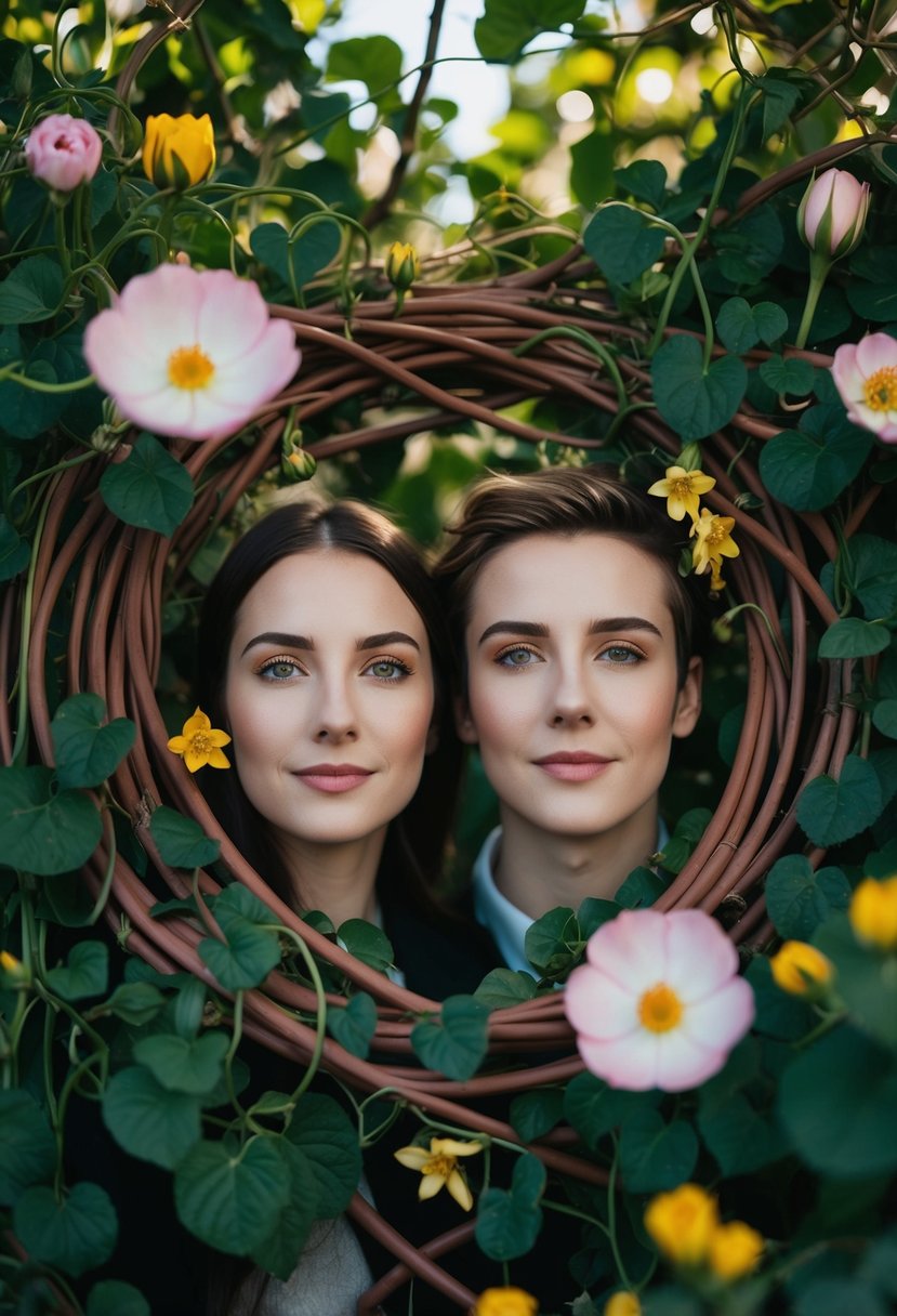 Two interconnected souls surrounded by intertwining vines and blooming flowers