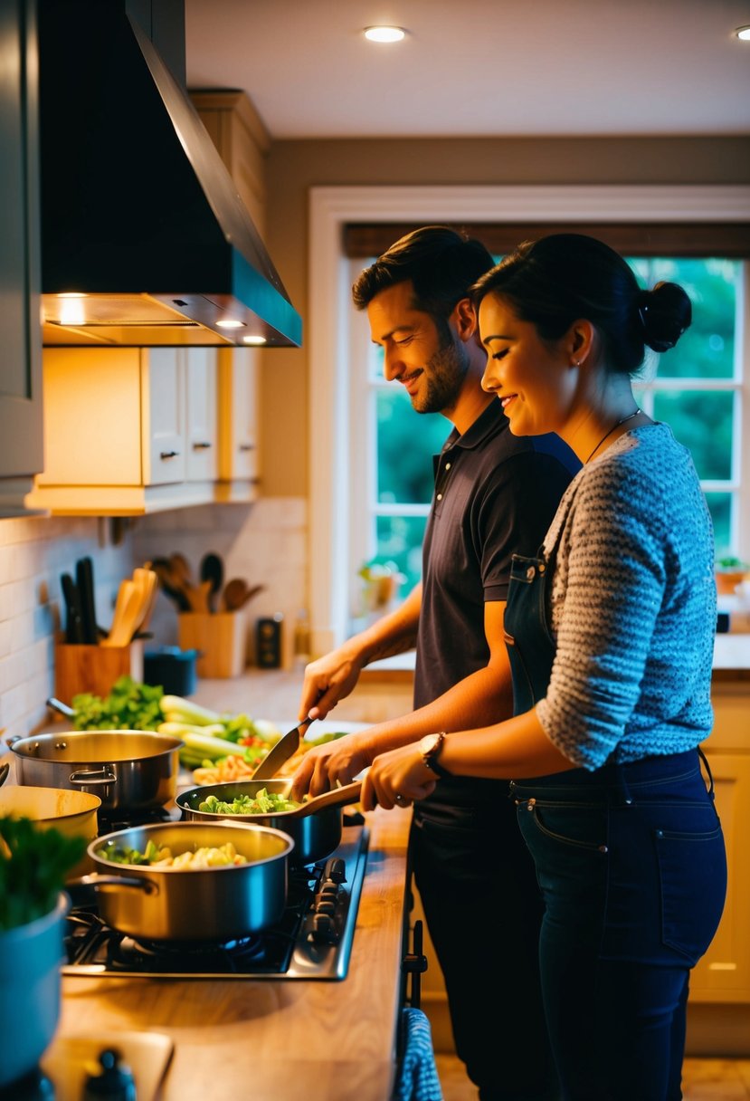 A couple stands side by side in a cozy kitchen, chopping vegetables and stirring pots on the stove. The warm glow of the oven illuminates the room as they work together to prepare a special anniversary meal