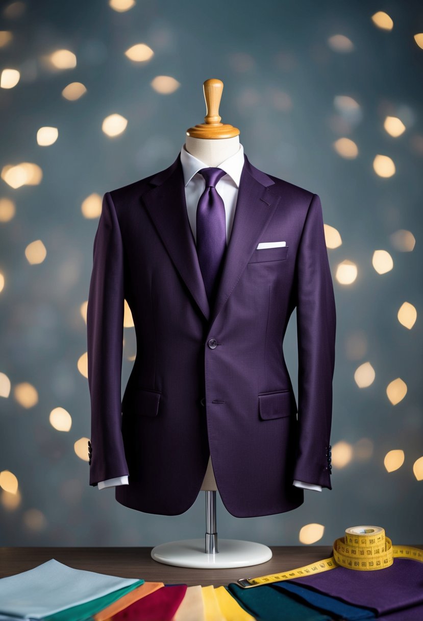 A dark purple suit hanging on a tailor's mannequin, surrounded by swatches of coordinating fabric and a tape measure