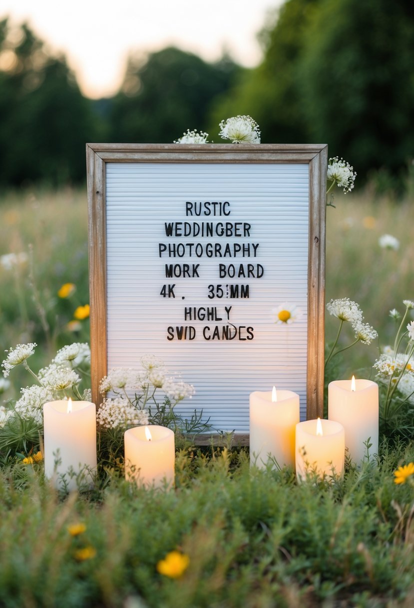 A weathered, rustic wedding letter board surrounded by delicate wildflowers and softly glowing candles