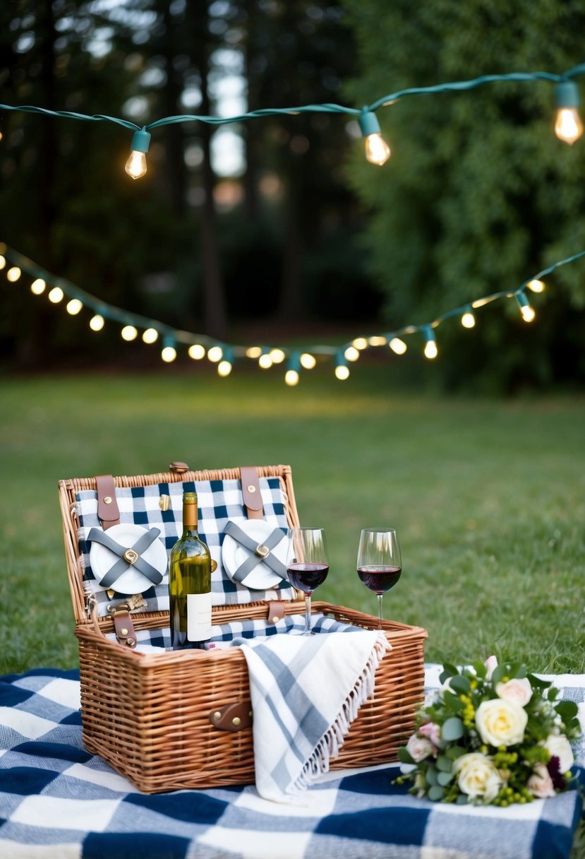 A cozy backyard picnic with a checkered blanket, a wicker basket filled with wine and cheese, surrounded by twinkling string lights and a bouquet of fresh flowers