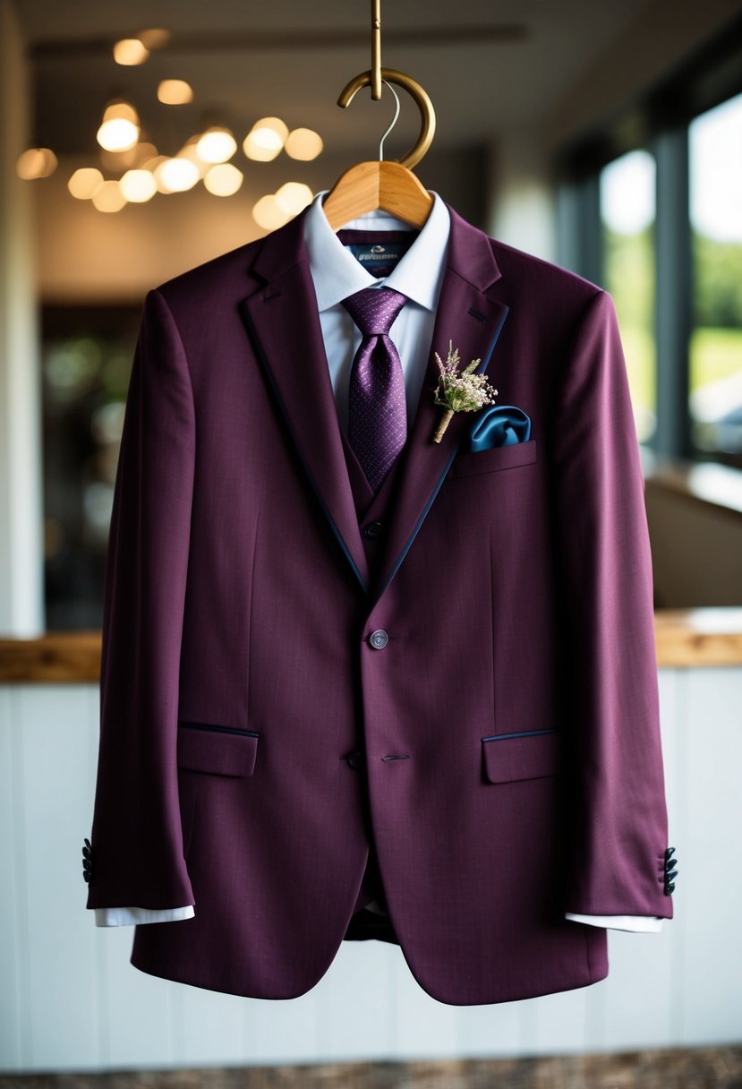 A deep plum wedding suit hangs on a wooden hanger, accompanied by a matching tie and pocket square