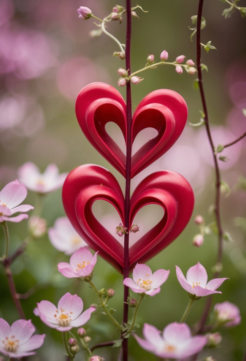 Two intertwined hearts surrounded by delicate flowers and vines