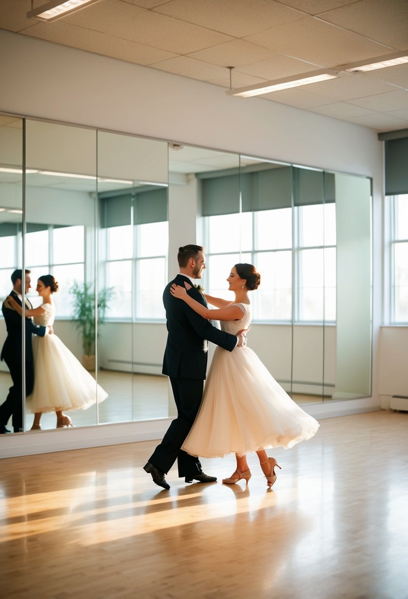 A couple gracefully waltzing in a spacious, sunlit dance studio. Mirrors line the walls, reflecting their elegant movements