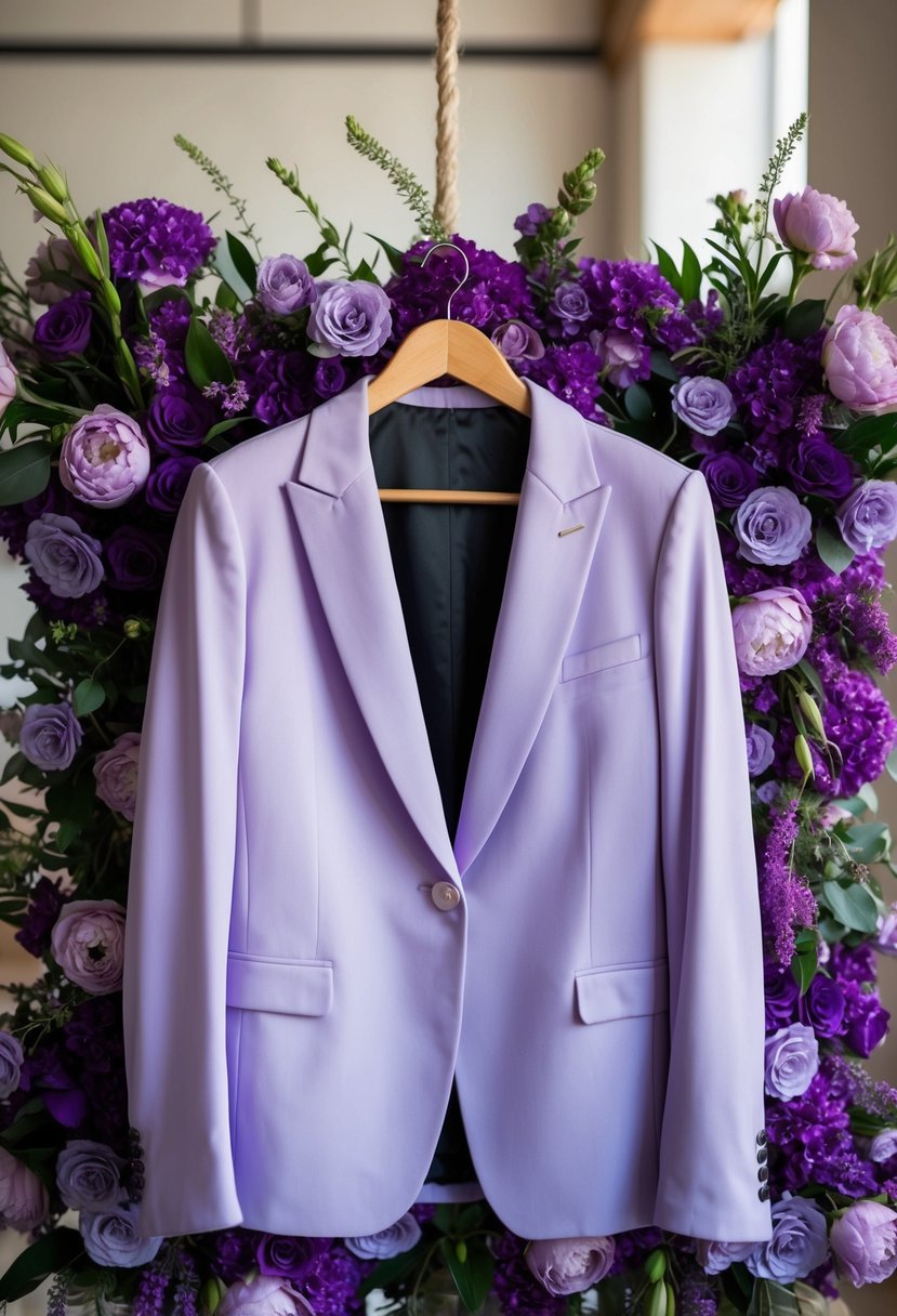 A lavender blazer hangs on a wooden hanger, surrounded by purple floral arrangements and wedding decor