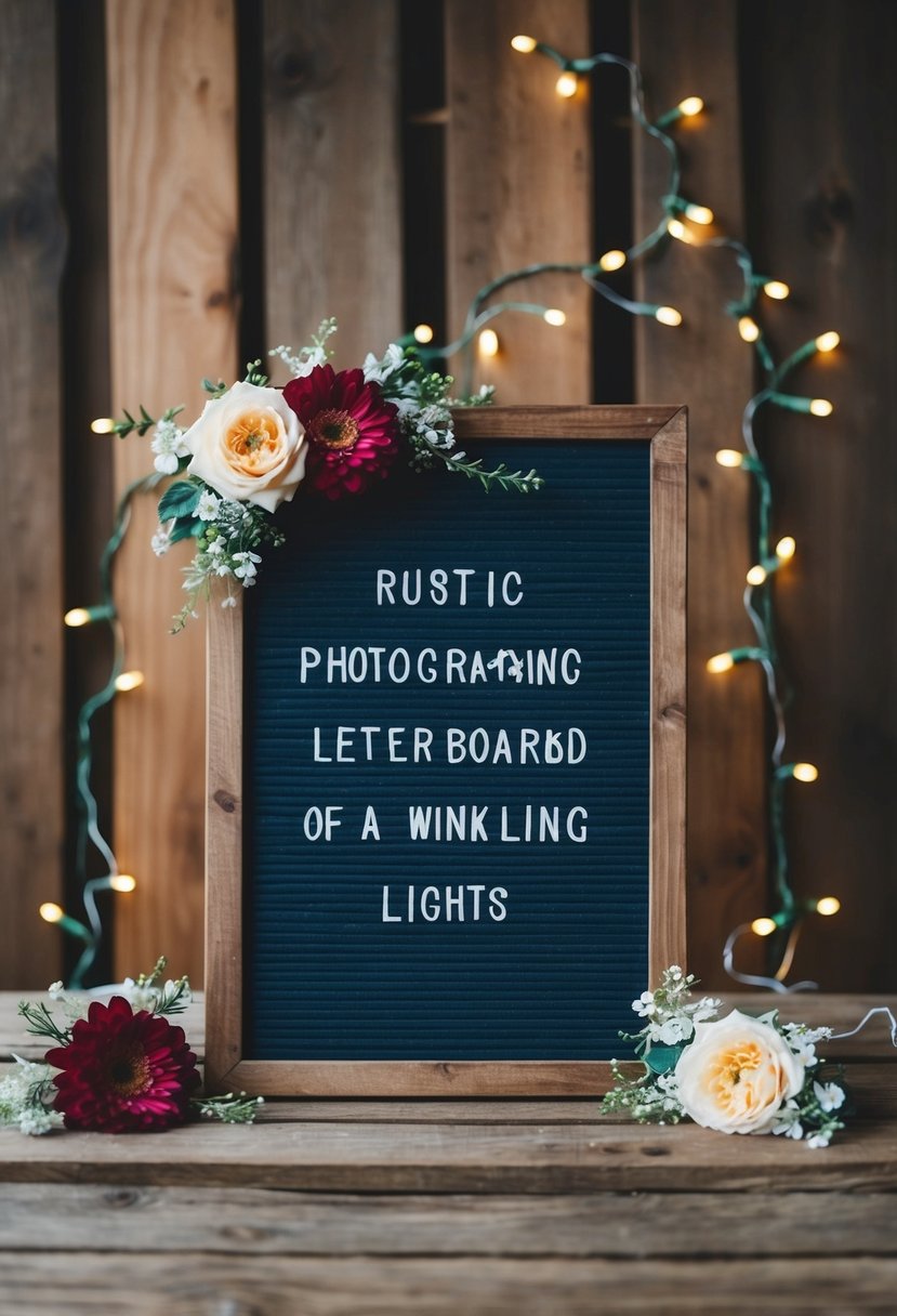 A rustic wooden letter board with floral decorations and twinkling lights