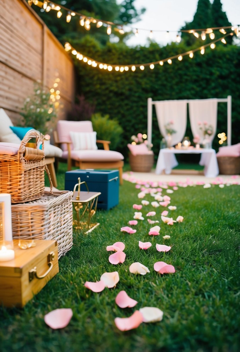 A backyard filled with hidden clues and treasures, including a trail of rose petals leading to a romantic picnic setup