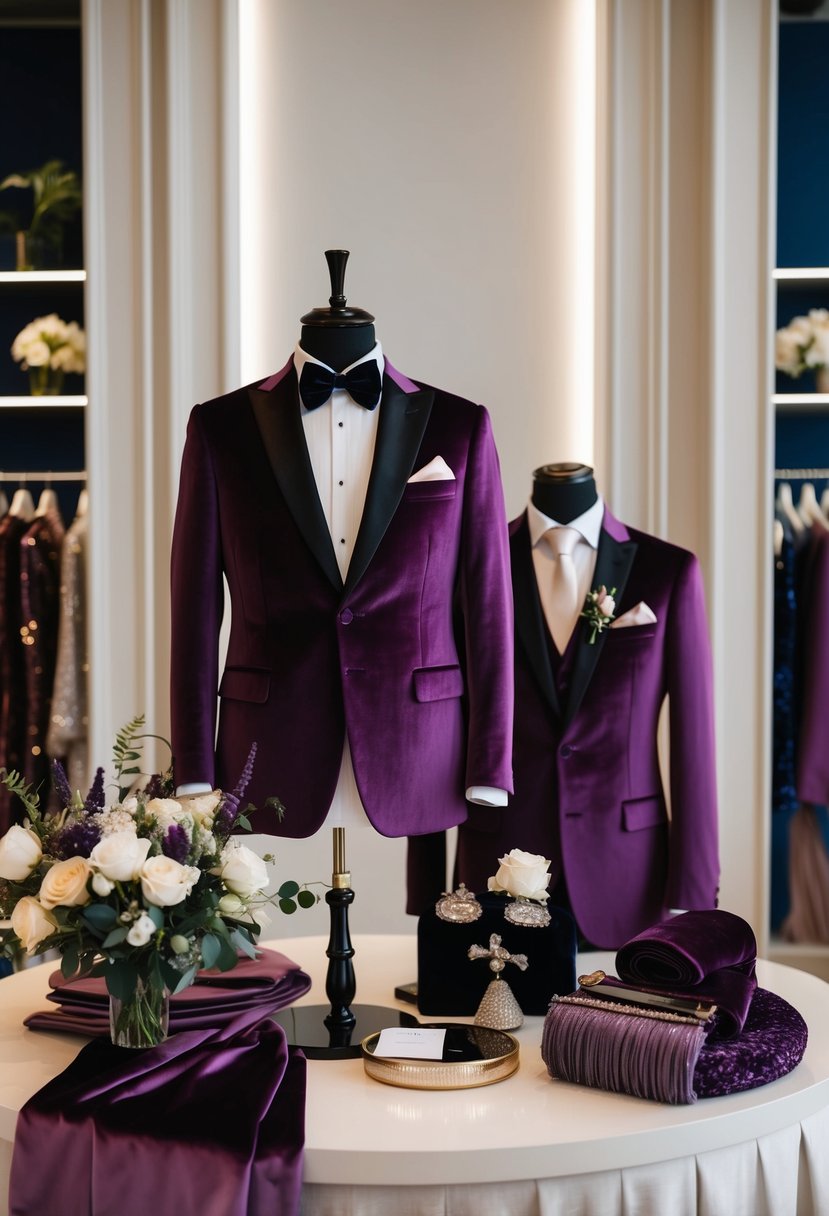 A luxurious velvet purple wedding suit displayed on a mannequin, surrounded by elegant accessories and fabrics in a stylish showroom