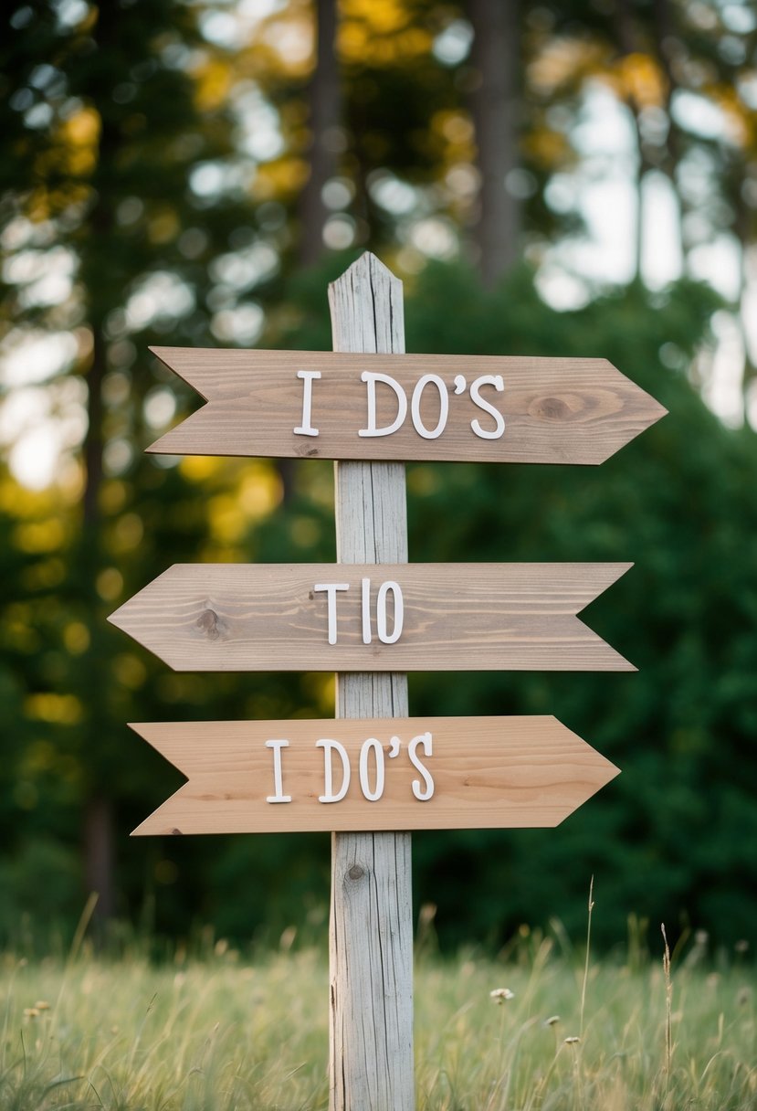 A rustic wooden signpost with arrows pointing to "I Do's" wedding letter board ideas