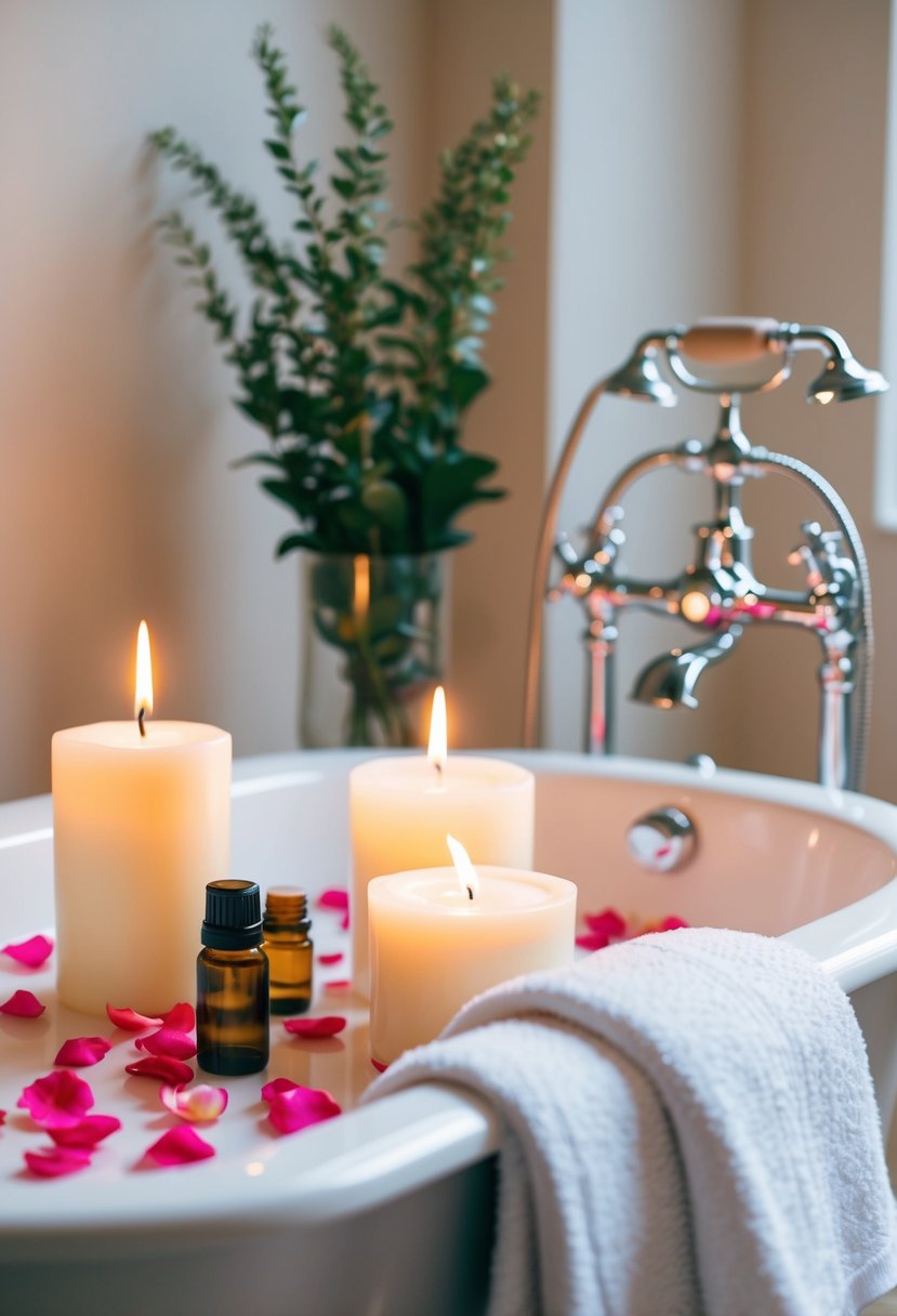 A serene bathroom with candles, soft towels, and a bath filled with rose petals and essential oils