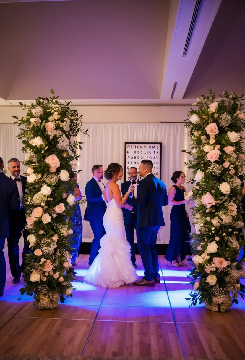 Guests mingling on a dance floor, surrounded by two intertwined floral arrangements, with a wedding letter board displayed in the background