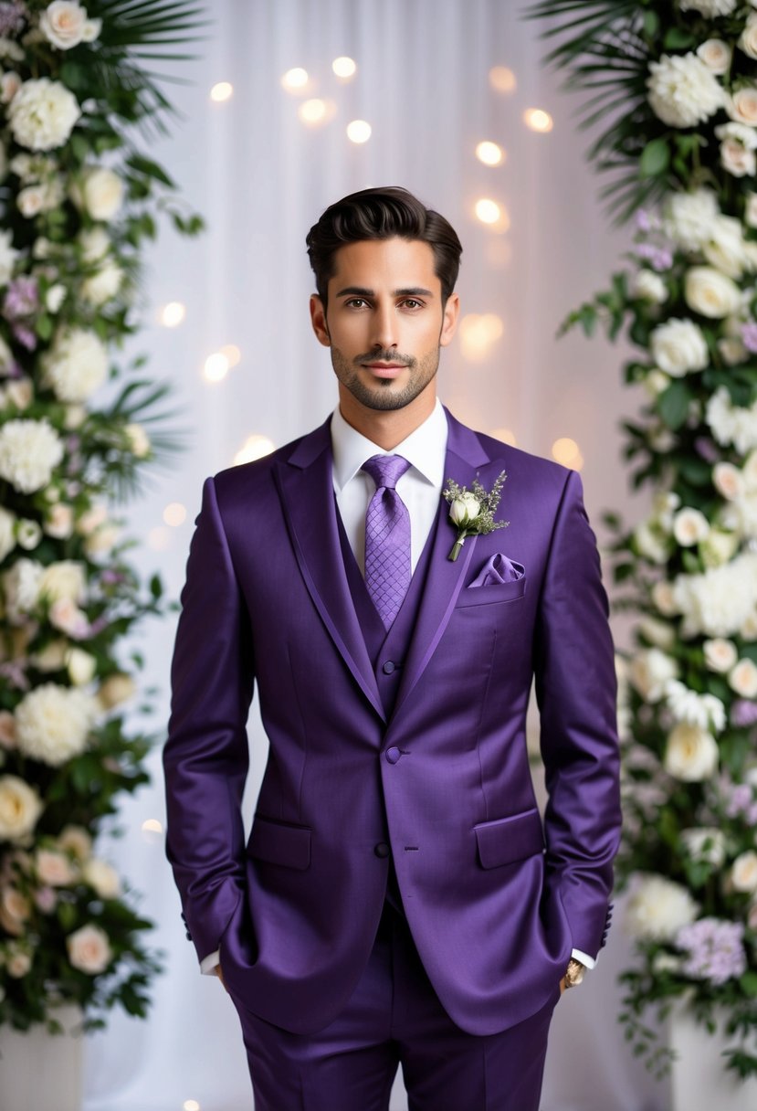 A groom's purple wedding suit with matching tie and pocket square, set against a backdrop of elegant floral arrangements and soft lighting