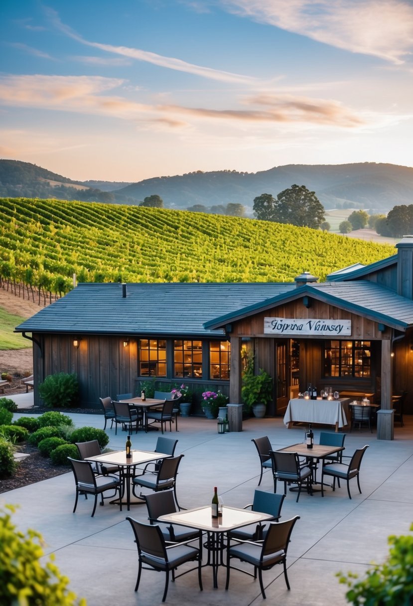 A picturesque winery with rolling vineyards, a rustic tasting room, and a serene outdoor patio with tables and chairs