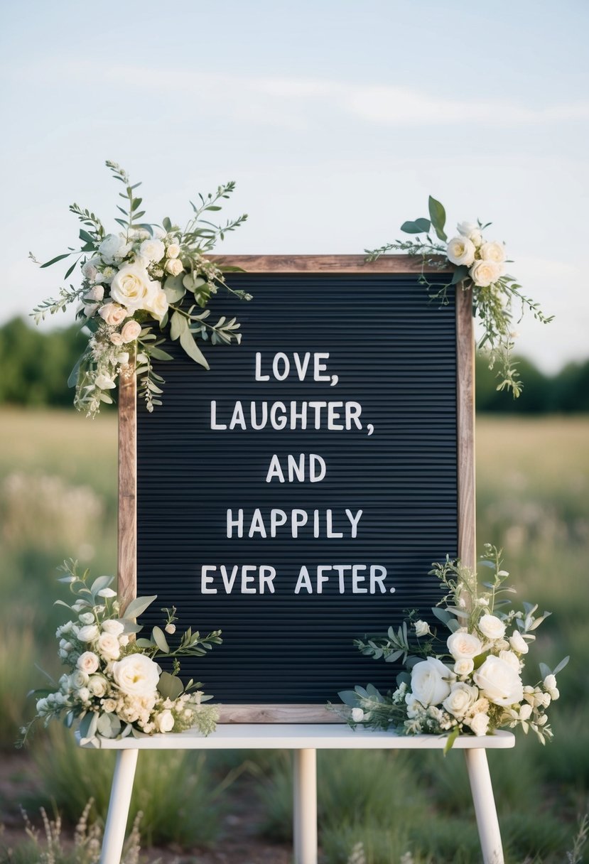 A rustic wooden letter board with "Love, laughter, and happily ever after" surrounded by delicate floral arrangements