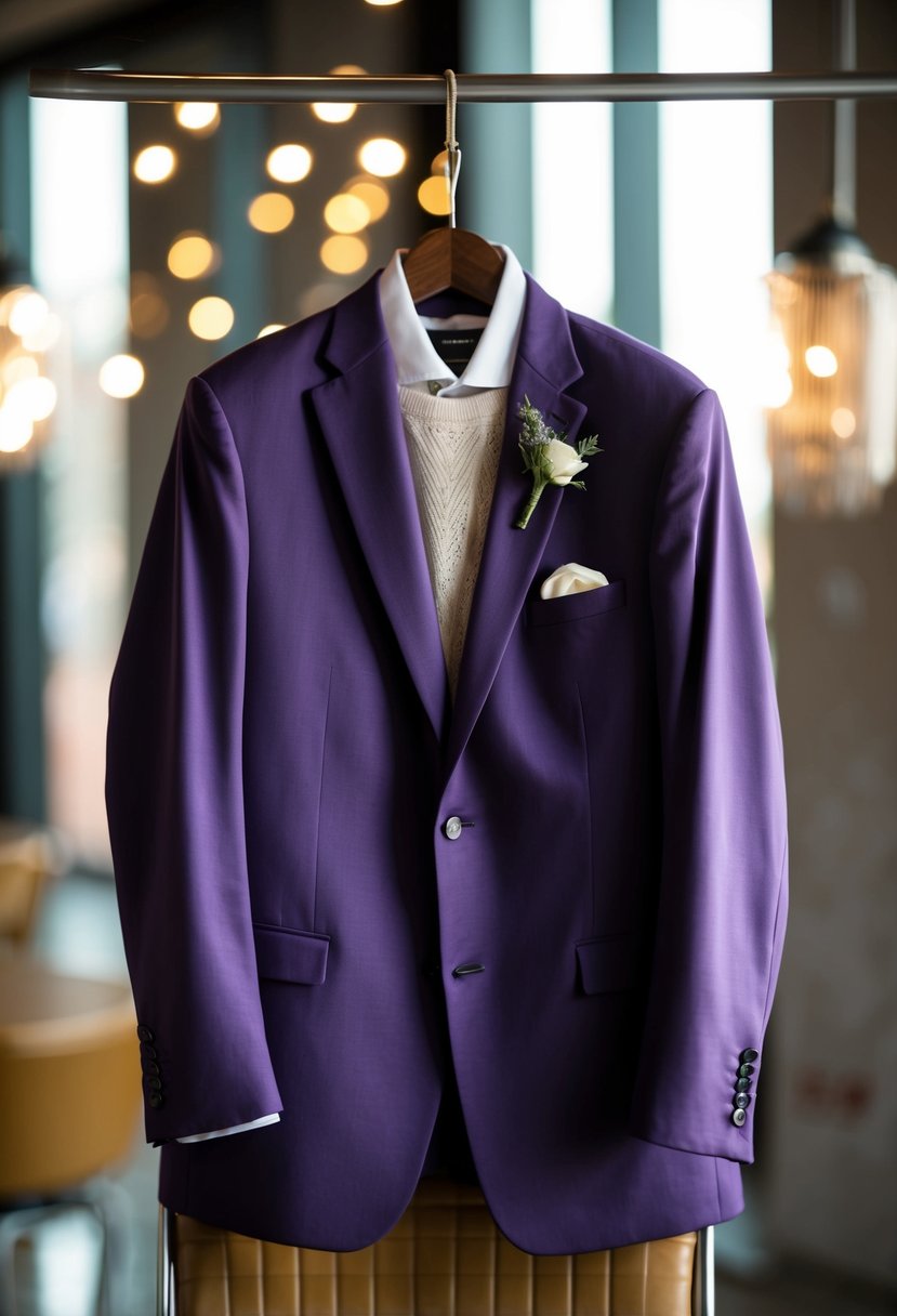 A man's purple sport coat hangs over a chair, paired with a cashmere sweater. A stylish wedding suit idea