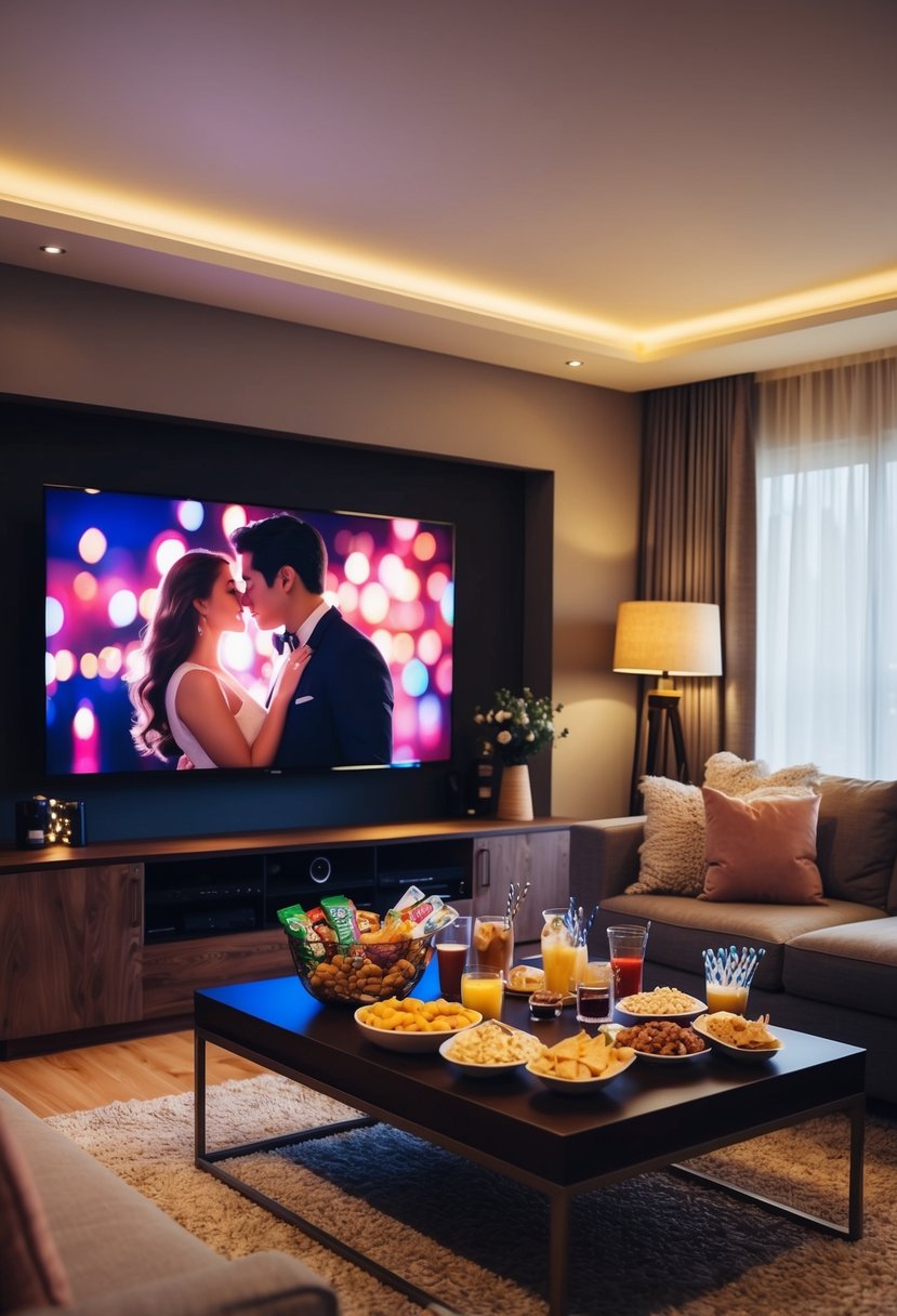 A cozy living room with a dimly lit ambiance, a large screen playing romantic movies, and a spread of snacks and drinks on a coffee table