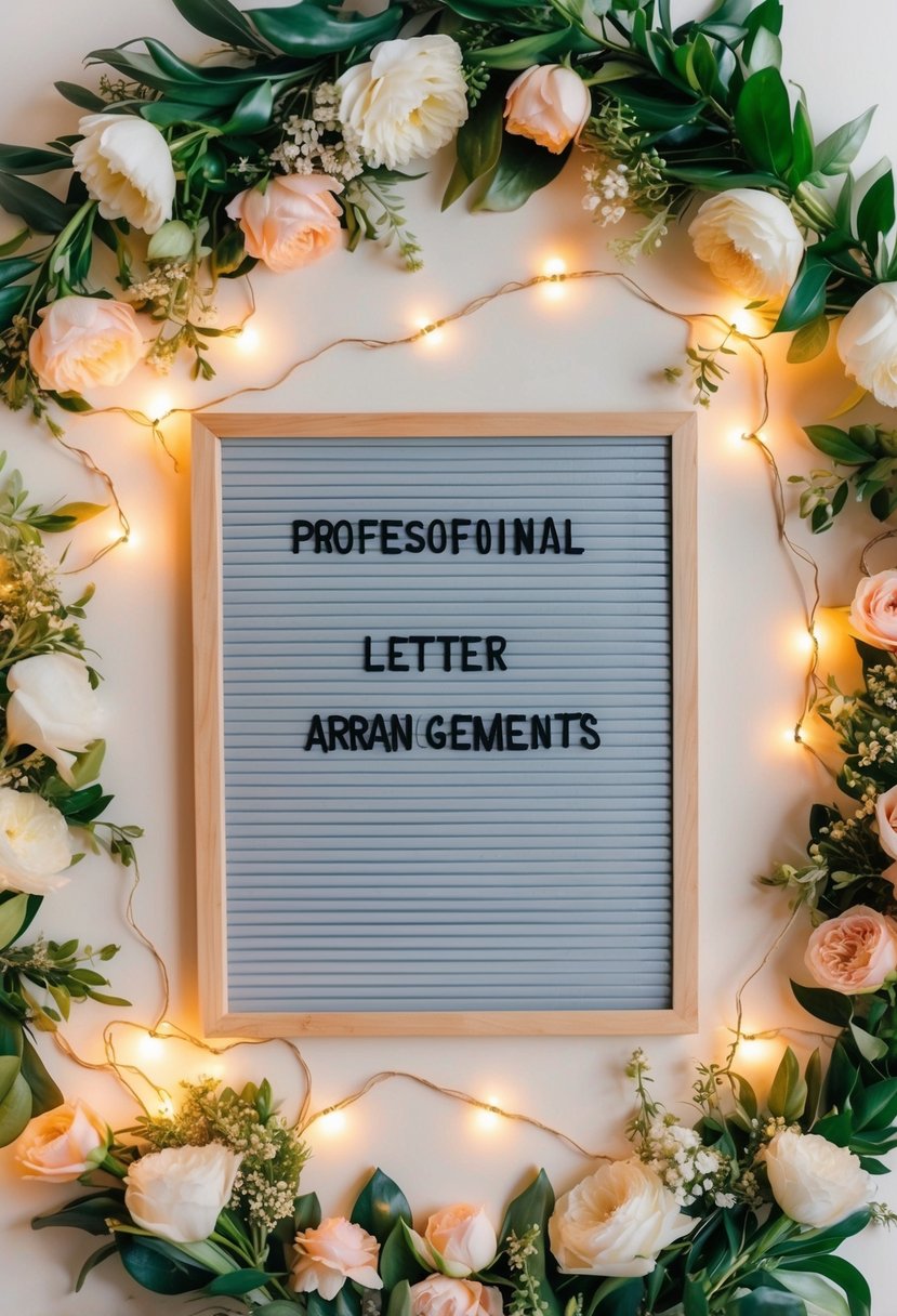 A decorative letter board surrounded by elegant floral arrangements and twinkling fairy lights