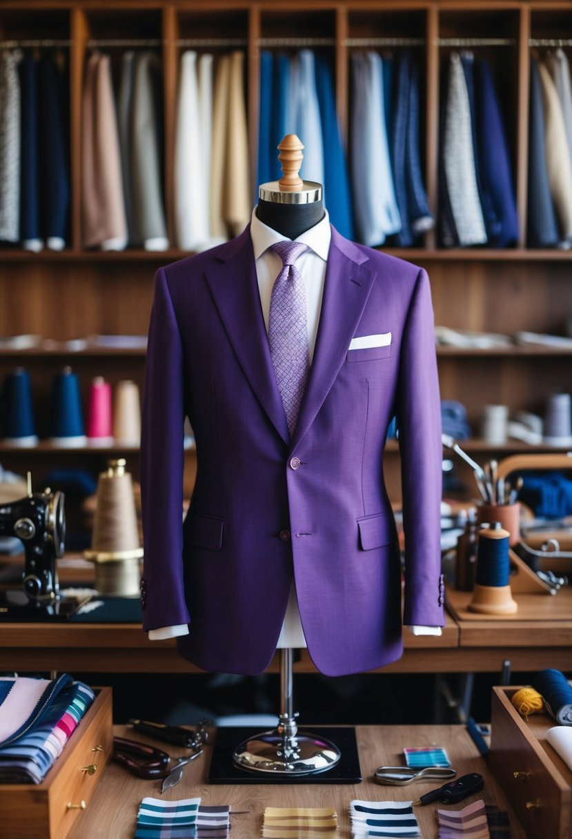 A tailor's shop with a handmade purple suit on display, surrounded by fabric swatches and sewing tools