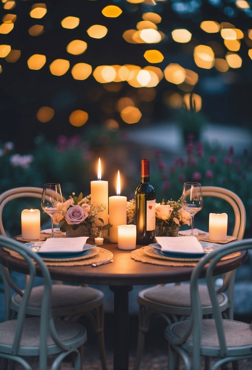 A cozy table set with candles and flowers, two chairs facing each other, with love letters and a bottle of wine