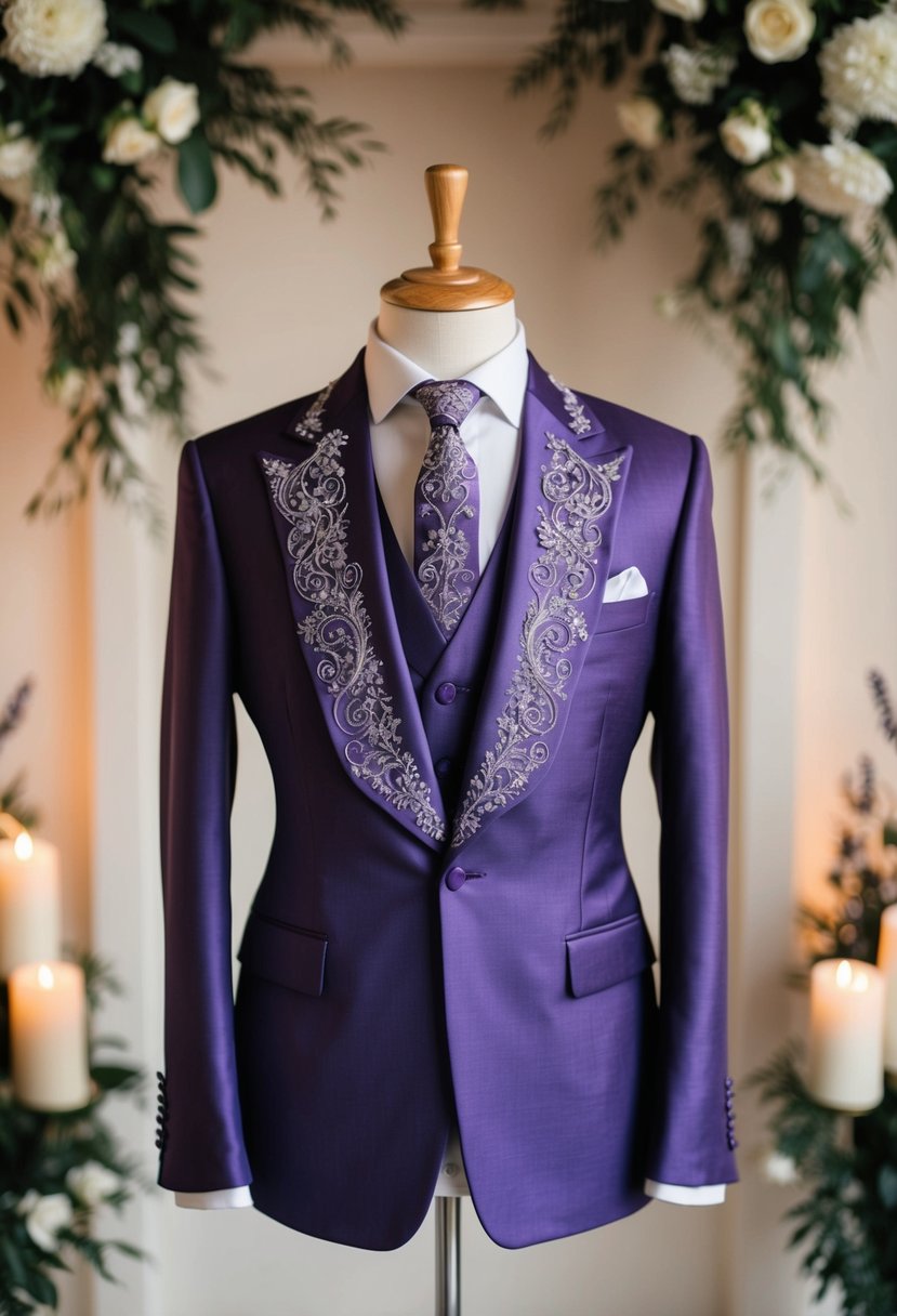 A sleek, tailored purple wedding suit with intricate silver embroidery and a matching tie, set against a backdrop of elegant floral arrangements and soft candlelight